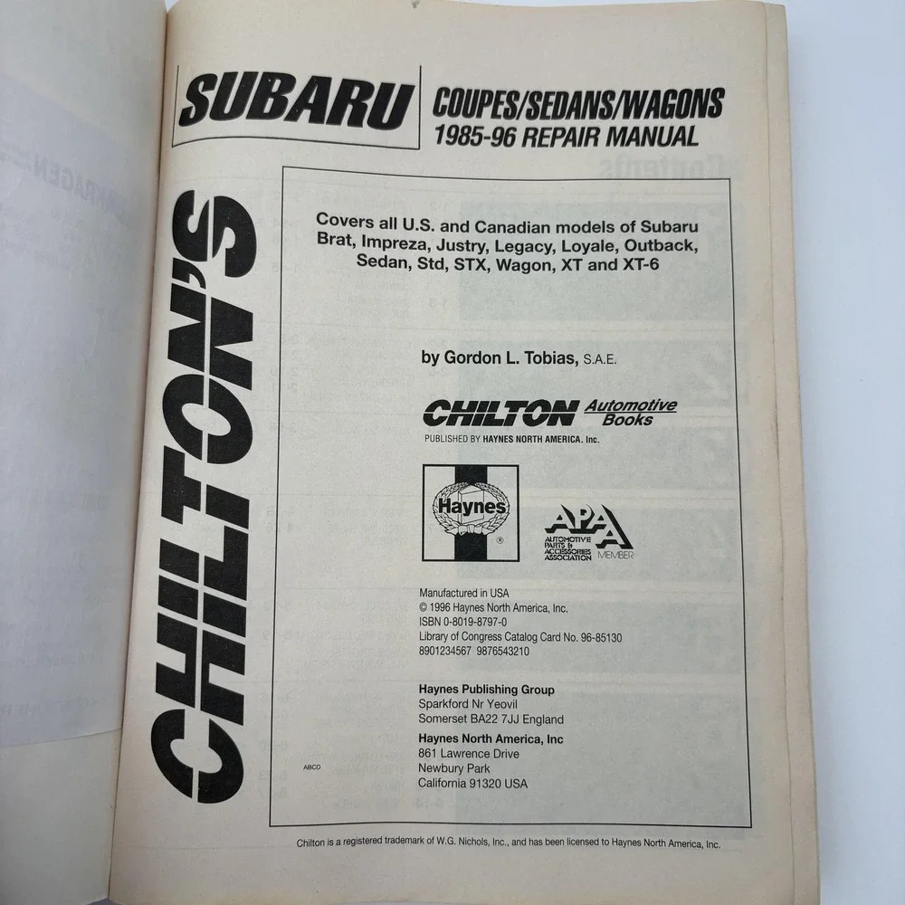 Vintage Subaru Coupes/Sedans/Wagons 1985-96 Chilton Black PB‎ Repair Manual